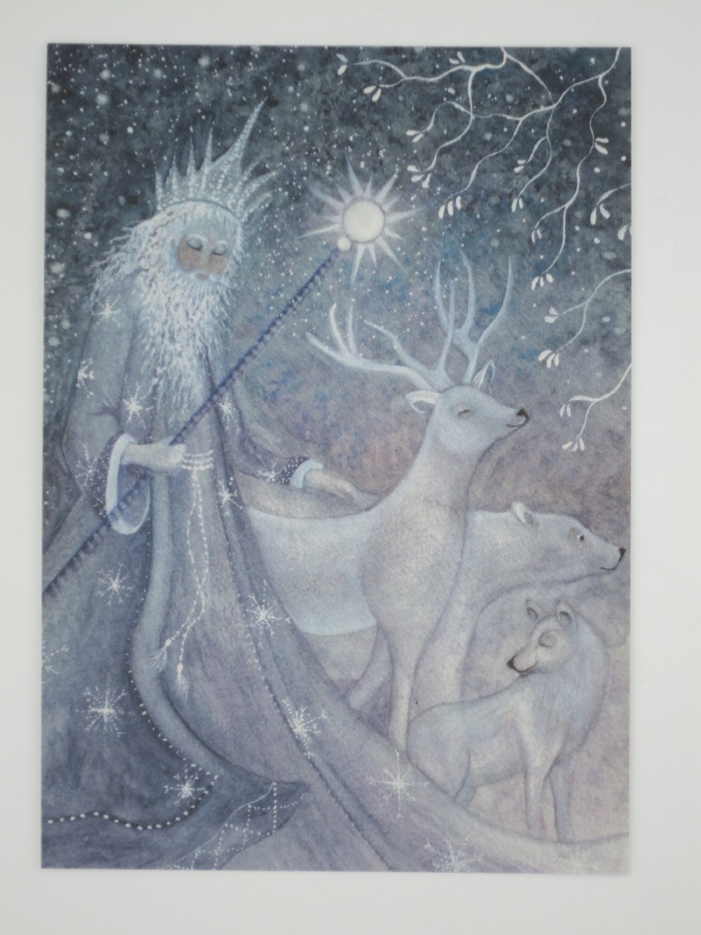 Waldorf Postkarte Jahreszeitentisch: Koenig Winter mit Hirsch, Eisbaer und Wolf, Postkarte von Bijdehansje