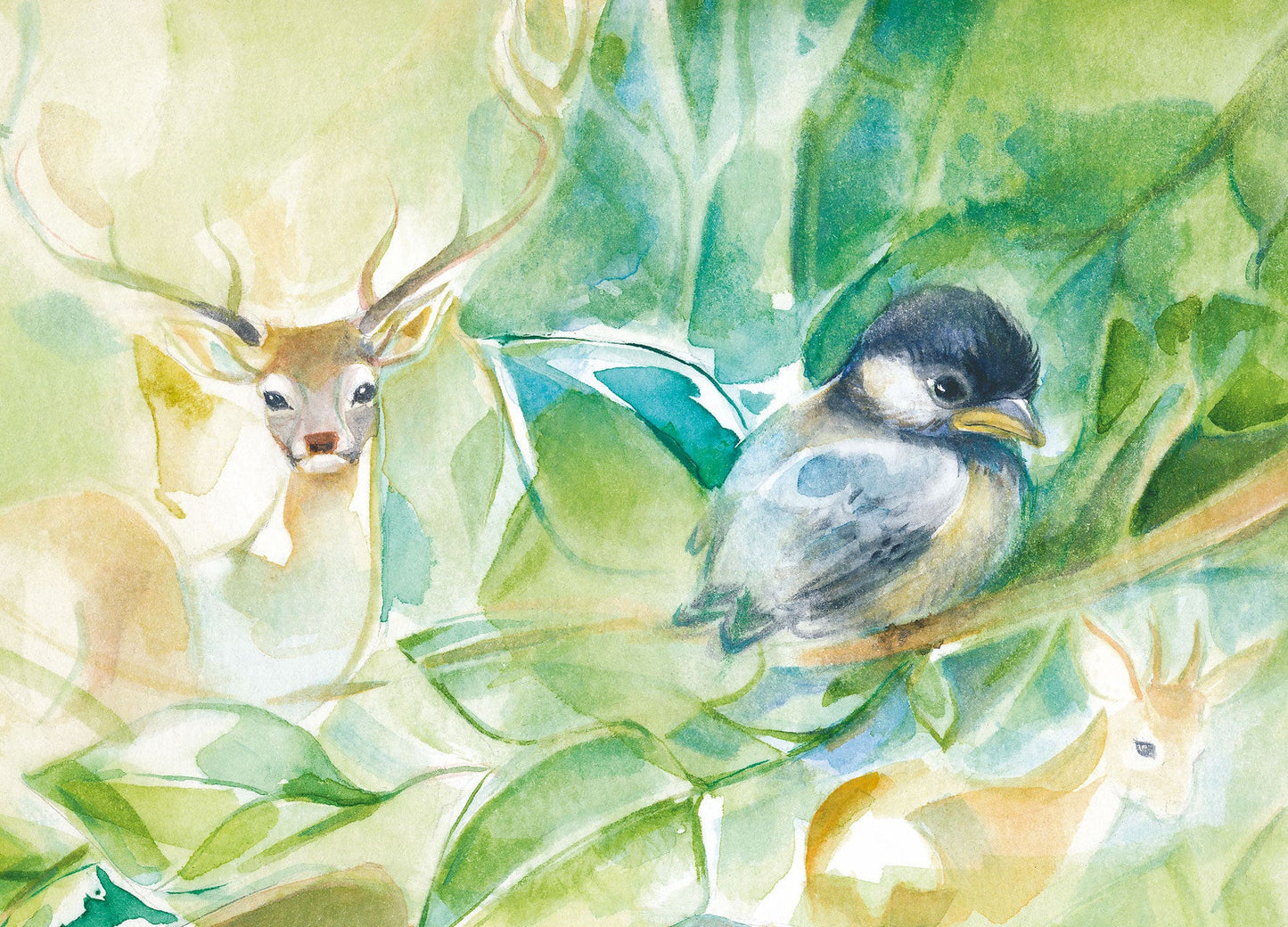 Die kleine Meise - Waldorf-Postkarte mit Kohlmeise und Reh