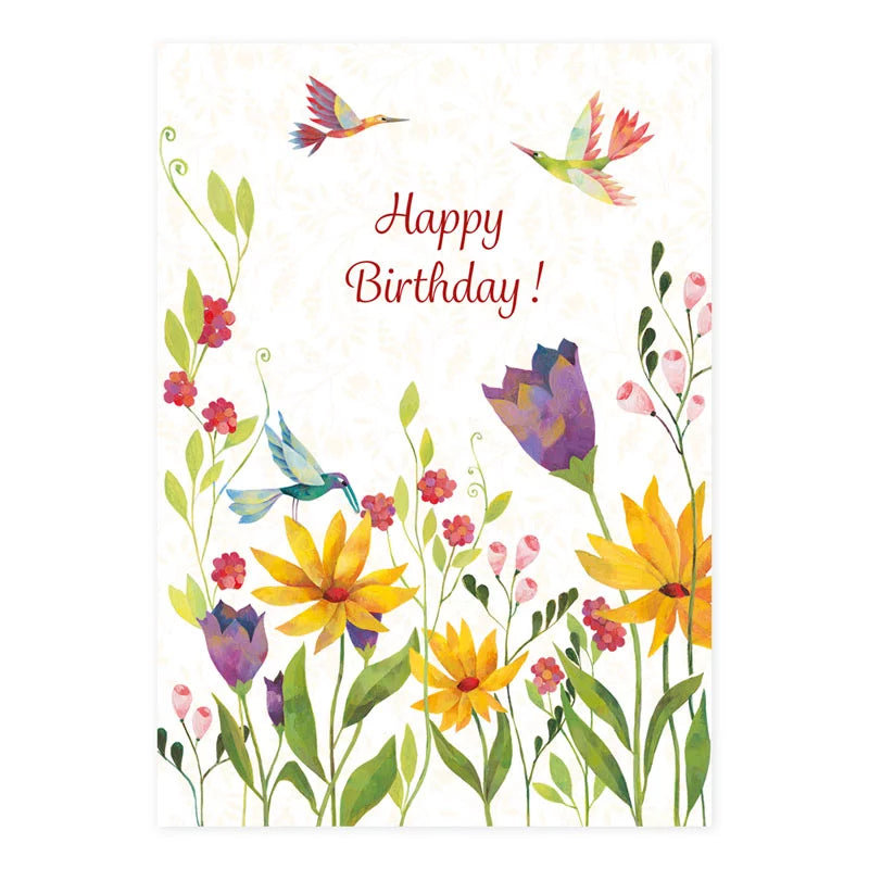 Geburtstagskarte mit zwei Kolibris über Sonnenblumen und Tulpen – Happy Birthday GK8
