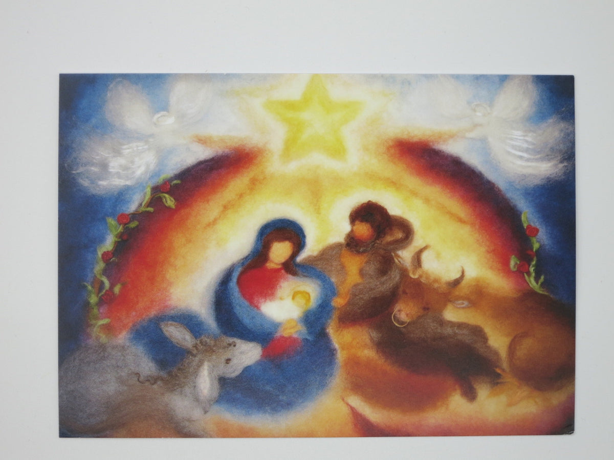 Kunstpostkarte Krippe von Franziska Sertori-Kopp – Maria und Josef mit Jesuskind im Lichtbogen, PKWI156