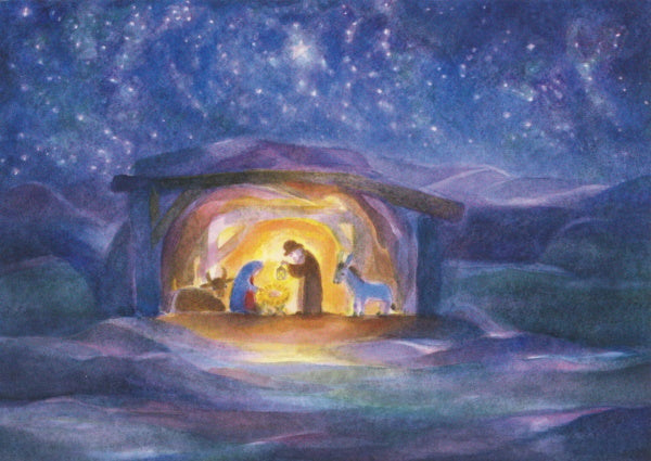Weihnachtspostkarte Krippe mit Sternenhimmel und Winterlandschaft, Marie Laure Viriot, Waldorf Jahreszeitentisch