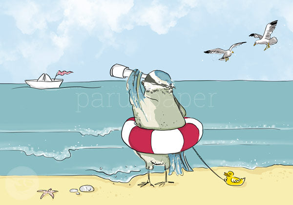 Postkarte Küstenvogel mit Rettungsring und Fernglas am Strand – PKGR51