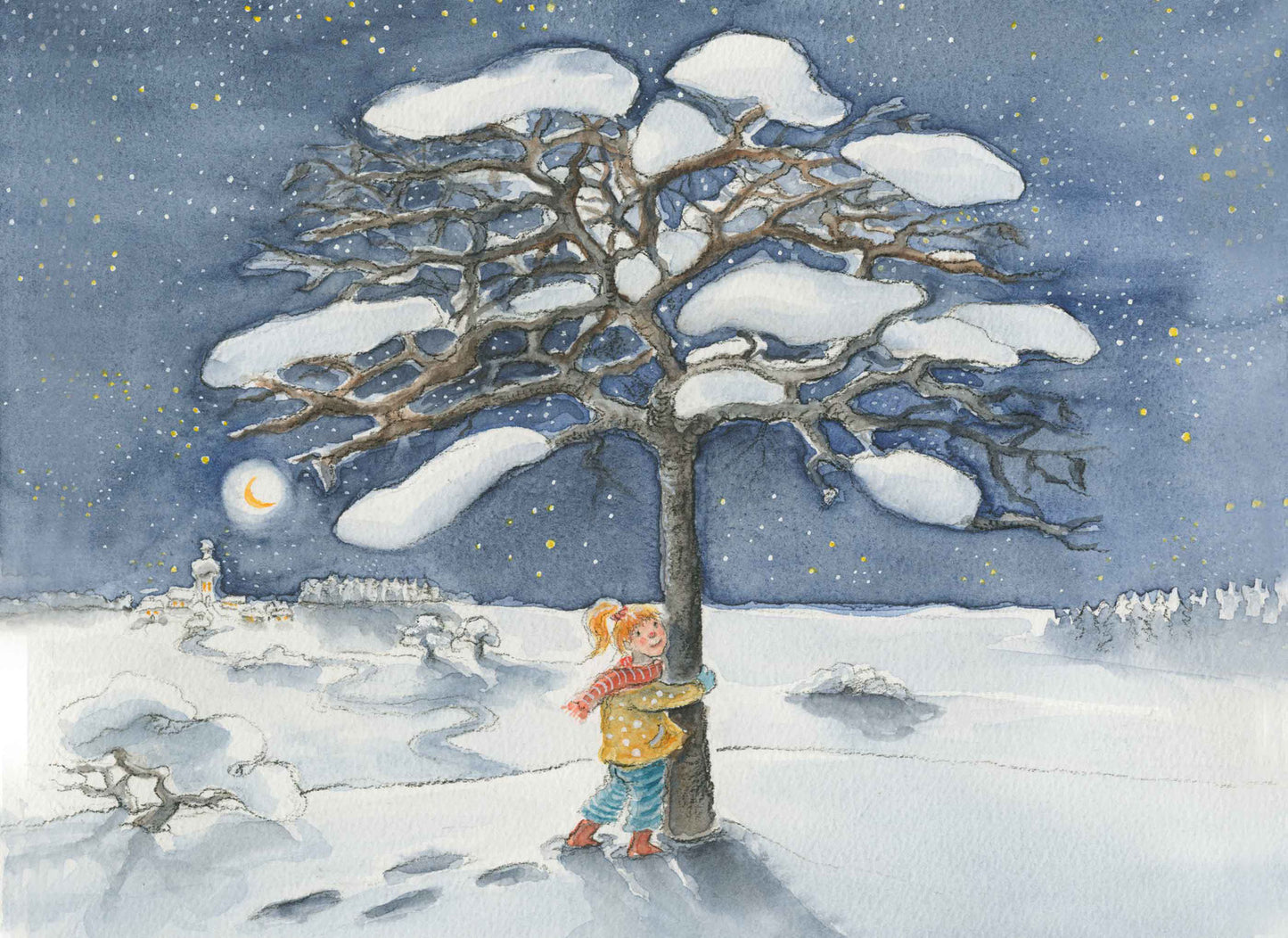 Kunst-Postkarte „Der erste Schnee“ von Dorle Schaußbreitner: Mädchen umarmt schneebedeckten Baum bei Nacht unter Sternenhimmel, Postkarte mit Motiven