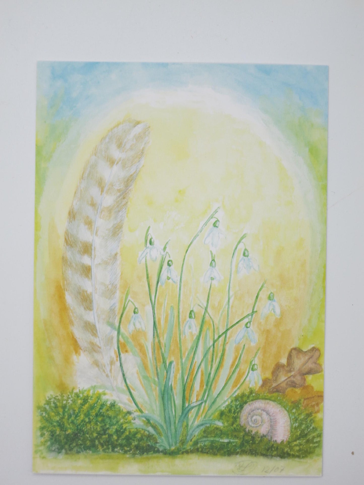 Kunst-Postkarte: Naturtisch-Stillleben mit Schneeglöckchen, gestreifter Feder und Schneckenhaus, Waldorf Jahreszeitentisch