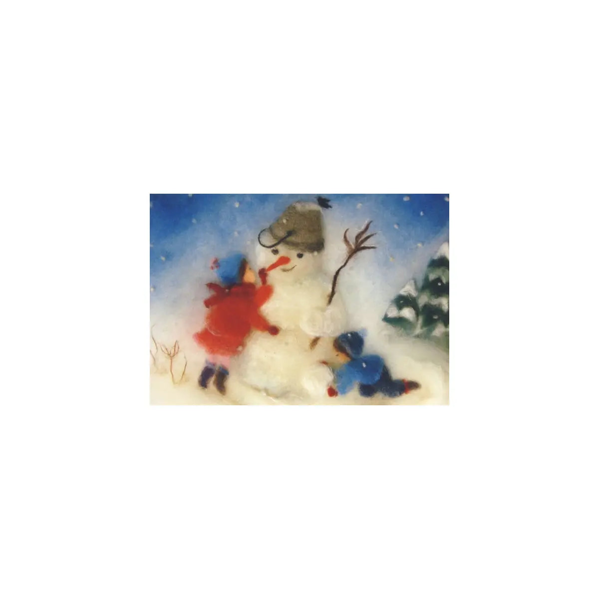 Nadelfilz-Detail: Schneemann mit Eimerhut und Karottennase, Kunst-Postkarte Winter