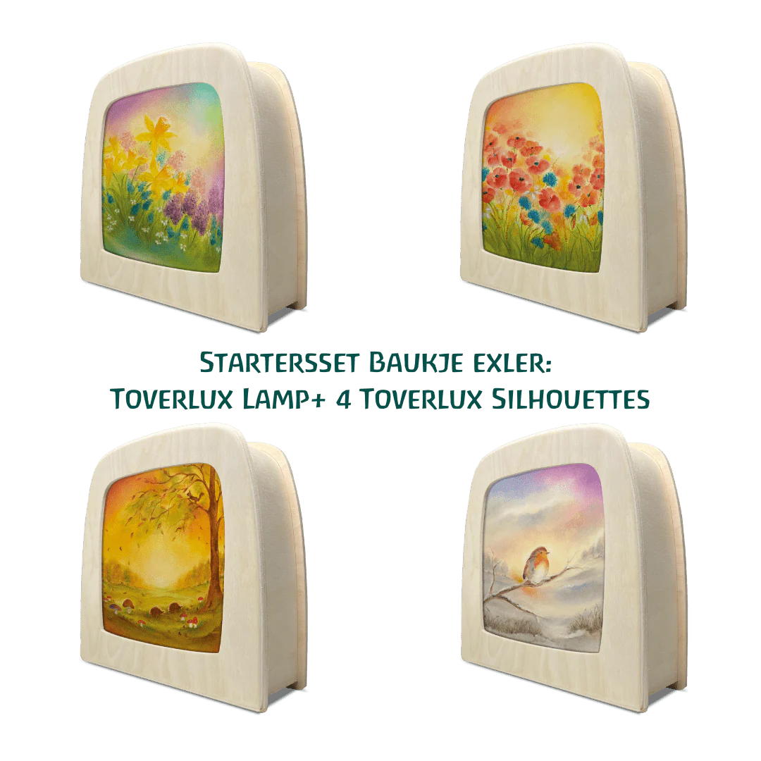 Toverlux Lampen Starter Set von Baukje Exler: vier Motive mit Frühlingsblumen, Mohn, Herbstbaum und Rotkehlchen