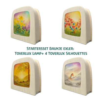 Toverlux Lampen Starter Set von Baukje Exler: vier Motive mit Frühlingsblumen, Mohn, Herbstbaum und Rotkehlchen