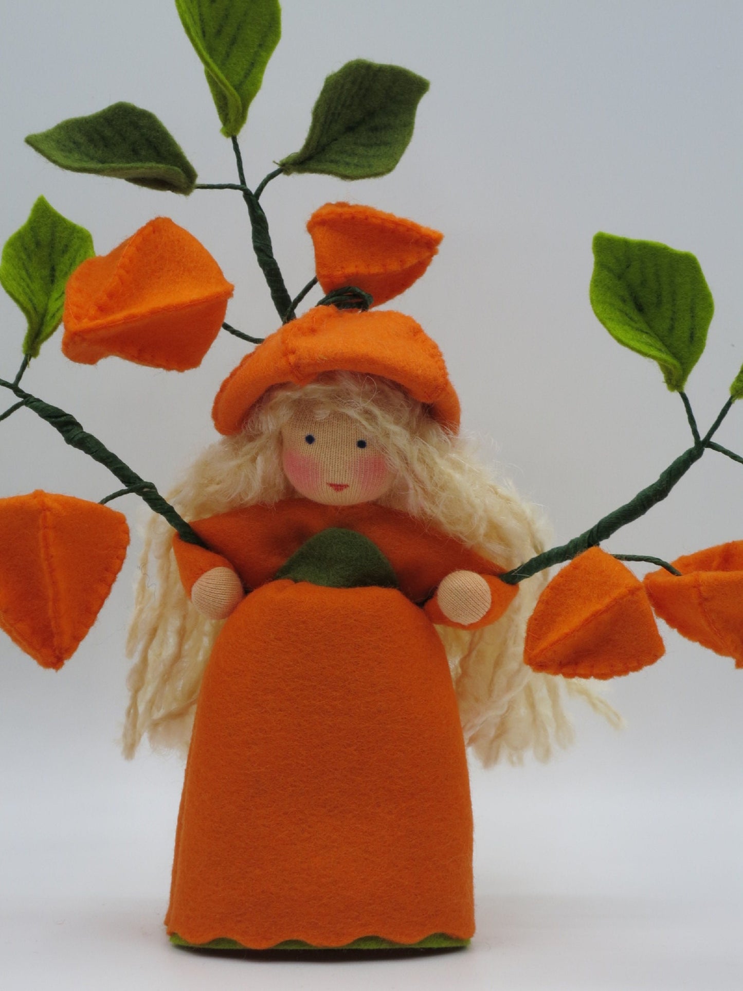 Nahaufnahme des Gesichts vom Lampionblume-Jungen Art. HE49 mit lockigem schwarzem Haar, Waldorf-Jahreszeitentisch.