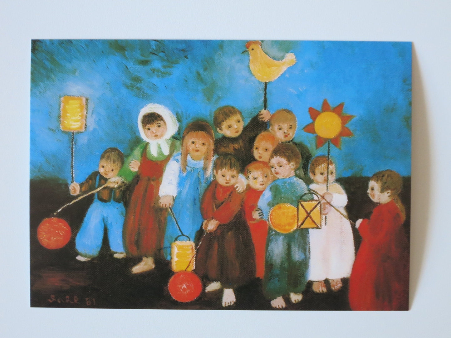 Postkarte Laternenkinder: Kinder mit Sonnen- und Tierlaternen beim Laternenumzug, Heide Dahl, Art. PKHE90