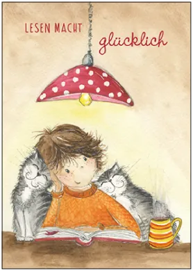 Postkarte Lesen macht glücklich mit Kind und Katzen – PKGR94