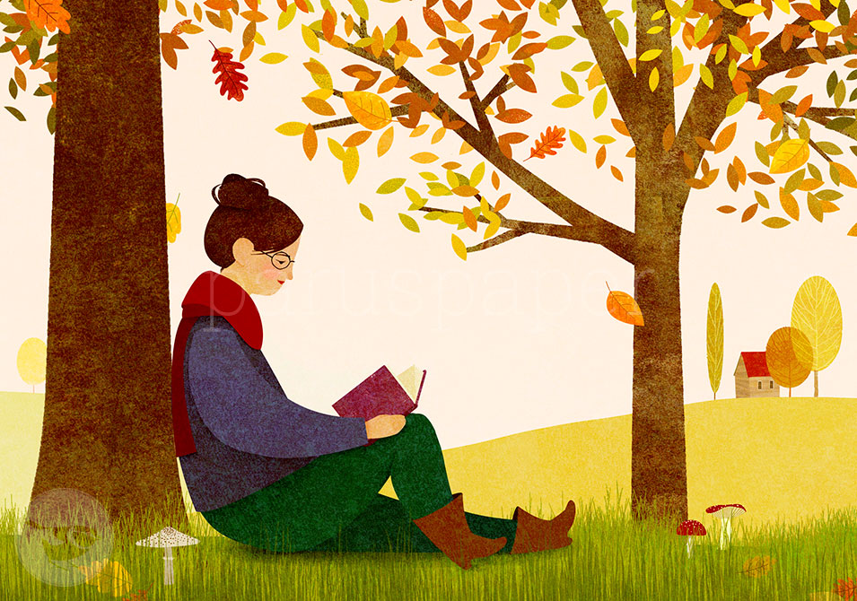Postkarte lesende Frau im Herbstlaub unter Bäumen – PKGR48