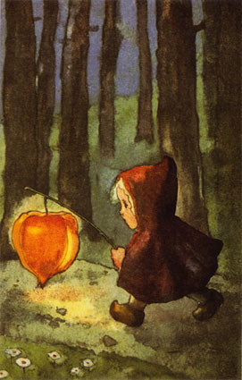 Postkarte Leuchte mir Laternchen: Kind mit Lampionblumen-Laterne im Wald, Mili Weber, Art. PKHE102