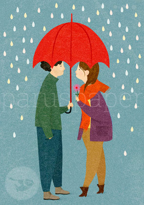 Postkarte Lovers in the Rain: Liebespaar unter rotem Regenschirm – PKGR46