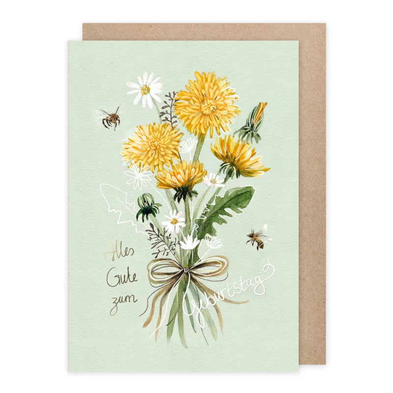 Geburtstagskarte mit Löwenzahnstrauß, Gänseblumchen und Bienen – Alles Gute zum Geburtstag GK21