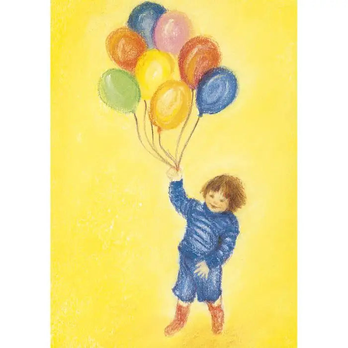 Waldorf Postkarte Luftballon von Marjan van Zeyl mit Kind, das ein Bündel bunter Luftballons hält