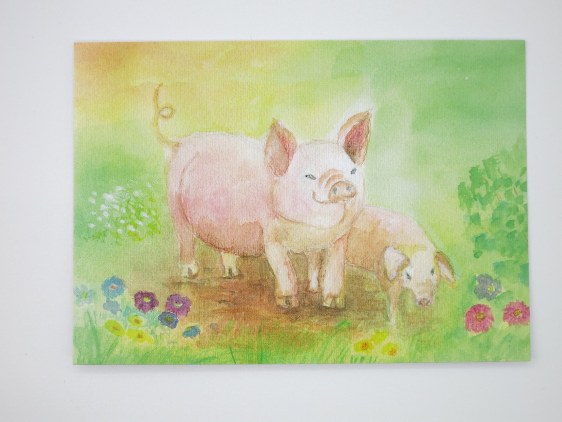 Postkarte Die lustigen Schweine von Dorothea Schmidt: Mutterschwein und Ferkel auf der Sommerwiese