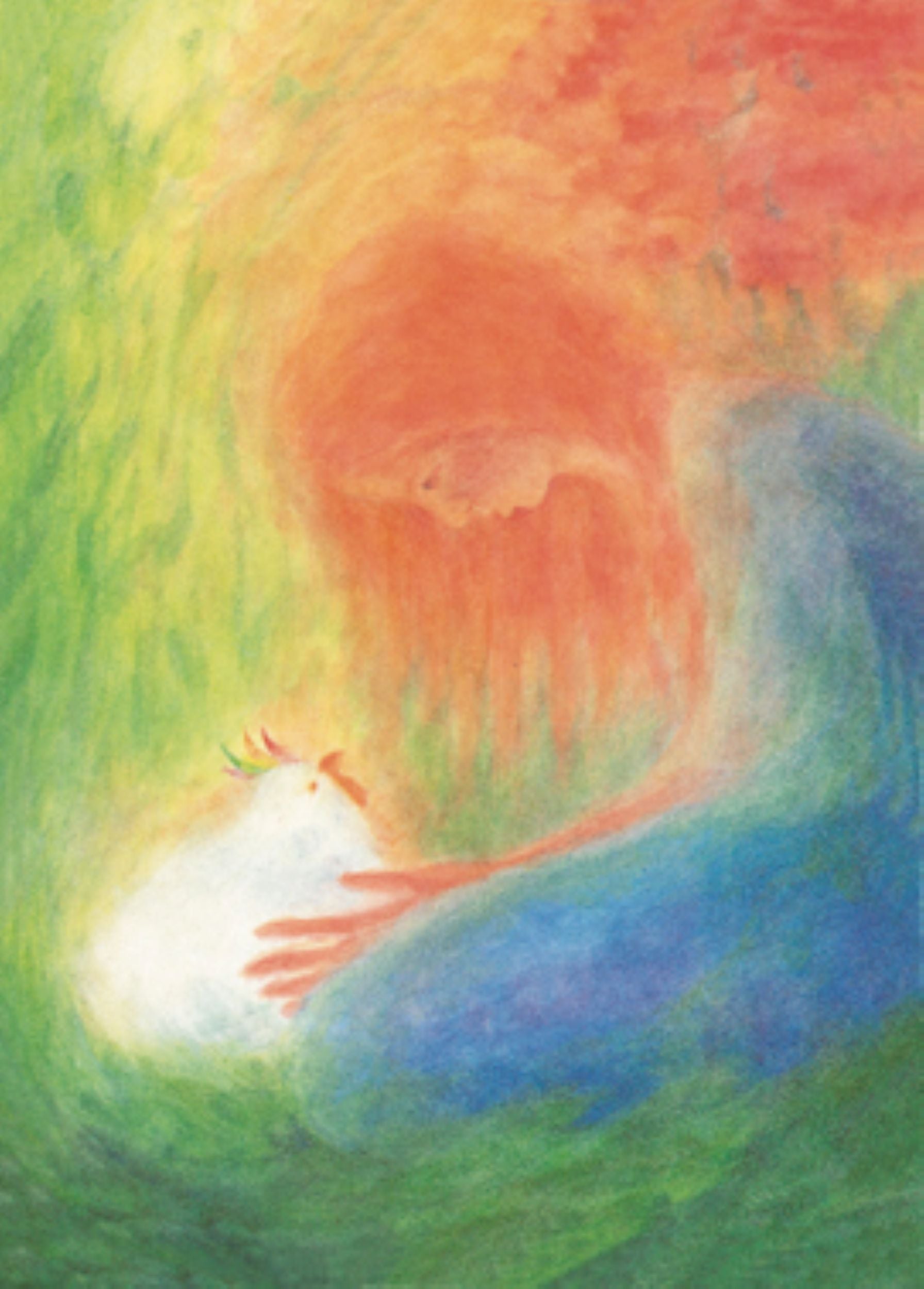 Waldorf-Postkarte 'Mädchen mit Hühnchen': Nass-in-Nass-Aquarell einer Gestalt, die ein Küken hält