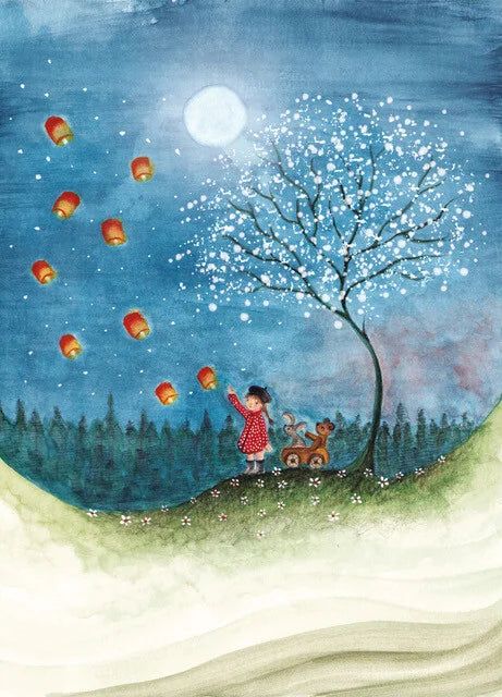 Postkarte Maedchen mit Lampions von Bijdehansje – Kind laesst Himmelslaternen bei Vollmond steigen
