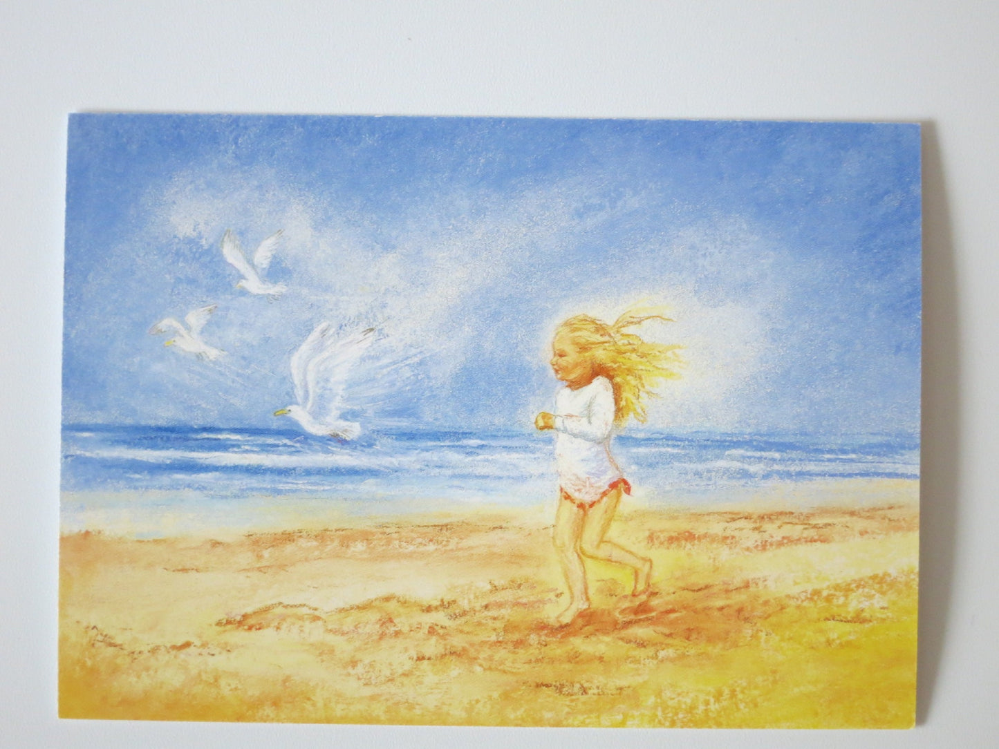 Postkarte Mädchen mit Möwe Marjan van Zeyl, Nahaufnahme der gedruckten Karte