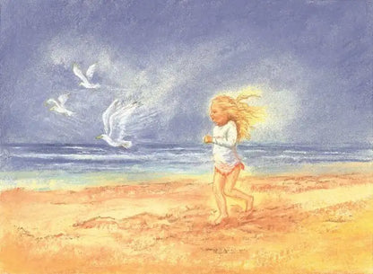Waldorf Postkarte Mädchen mit Möwe von Marjan van Zeyl – Kind läuft am Strand mit zwei Möwen