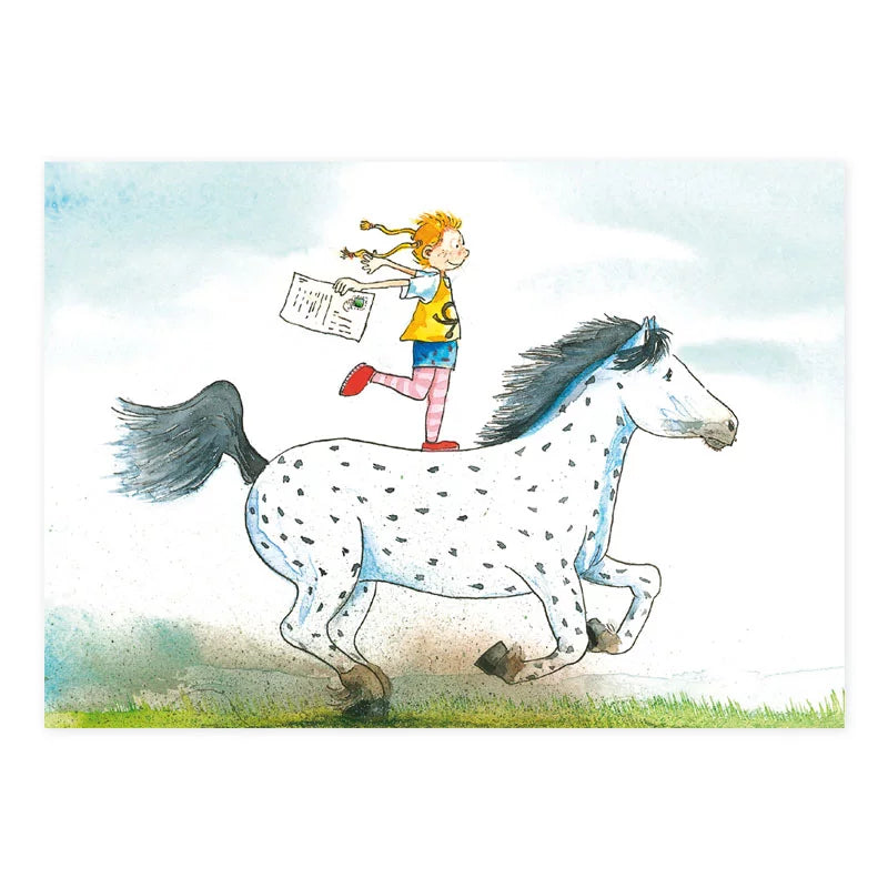 Geburtstags-Postkarte mit Mädchen auf galoppierendem gefleckten Pony mit Brief – Eilige Post PKGR4
