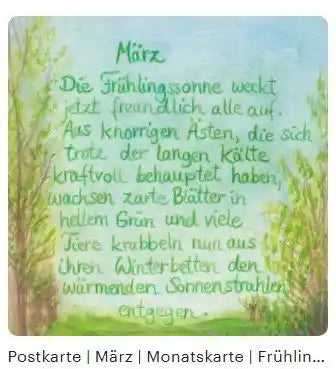 Monatspostkarte März von Christiane Cousquer –Dachs und Frühlingsbäume mit Gedicht, PKFR243