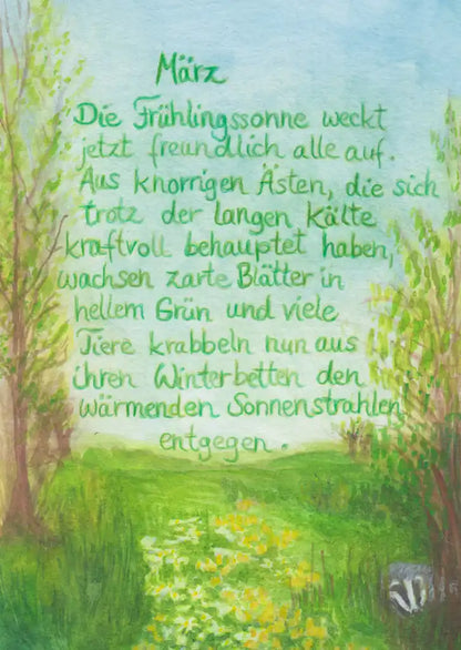 Monatspostkarte März von Christiane Cousquer – Dachs und Blumenweg mit Gedicht, PKFR243