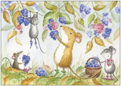 Postkarte Maeuse bei der Brombeerernte von Gisela Herberger – Maeuse ernten reife Brombeeren