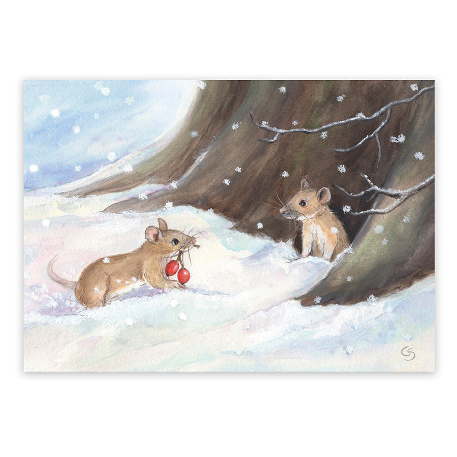 Kunstpostkarte Mäusewinter von Corinna Schwerdtfeger – zwei Mäuse im Schnee mit Hagebutten, PKWI17