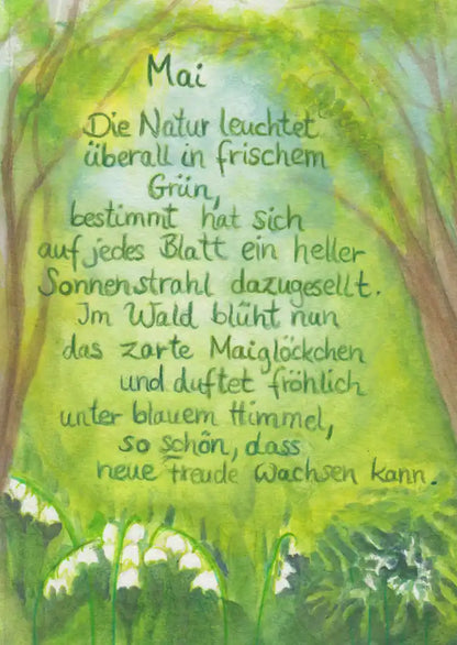 Mai- Monatspostkarte von Christiane Cousquer, Maiglöckchen im Wald PKFR245