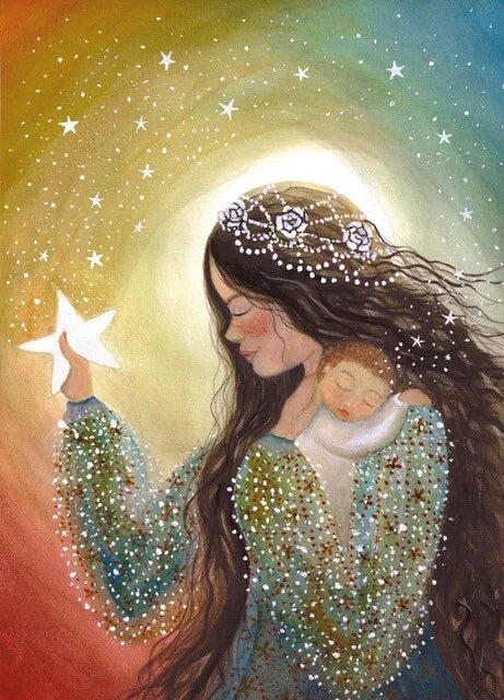 Postkarte Make a Wish von Bijdehansje – Mutter mit Kind wünscht sich etwas bei einem Stern, PKWI276