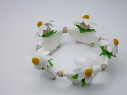 Draufsicht auf fünf Margeriten-Blumenkinder in weißen Filzkleidern, die gemeinsam einen runden Frühlingskranz bilden.
