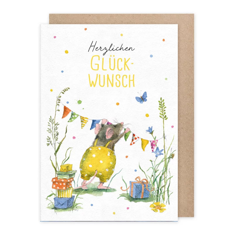Geburtstagskarte mit Maus, die eine Wimpelkette zwischen Blütenzweigen spannt, umgeben von bunten Geschenkschachteln – Doppelkarte mit Umschlag GK3