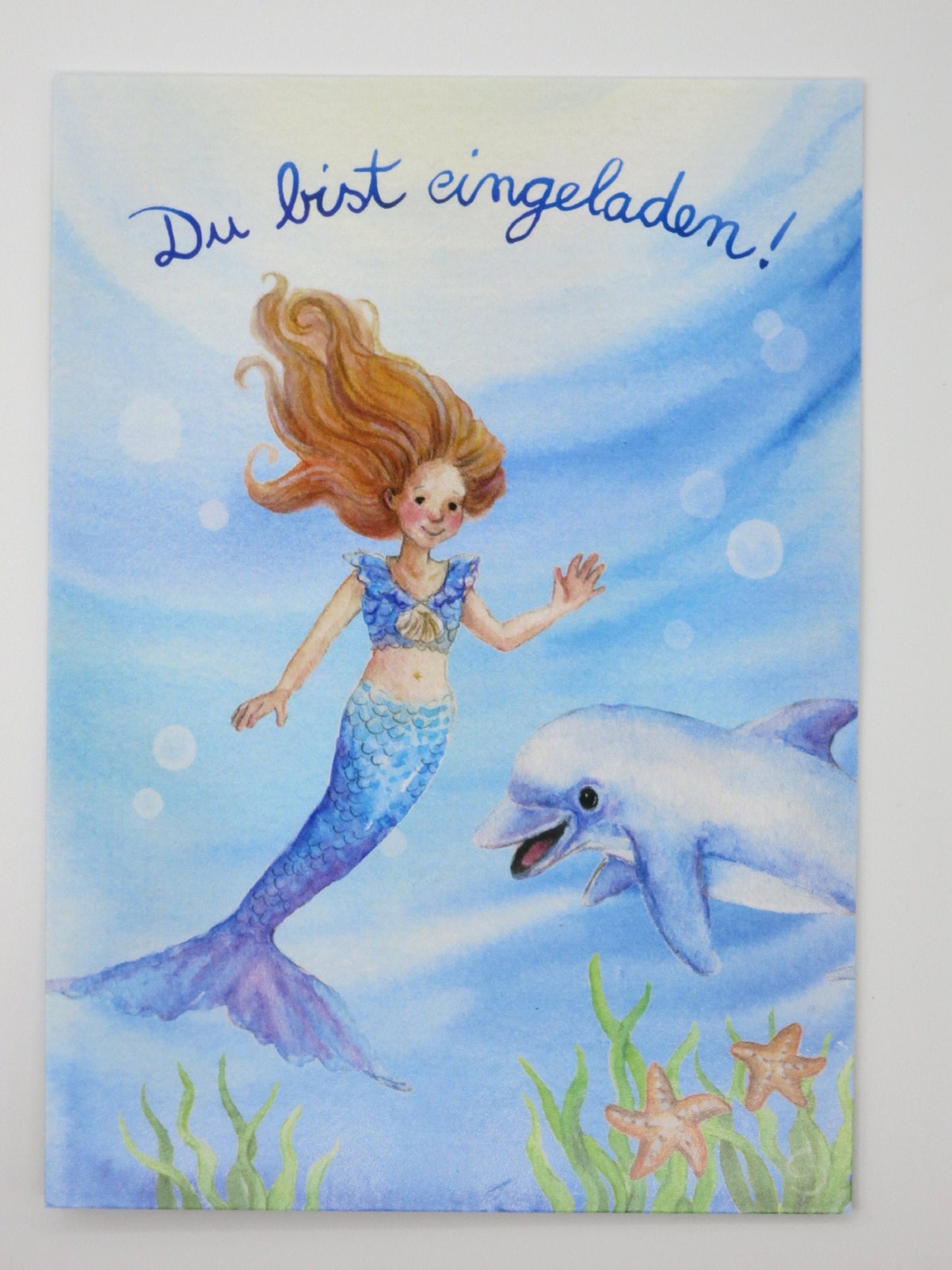 Einladungskarte mit Meerjungfrau und Delfin unter Wasser – Einladungskarte Meerjungfrau GK32