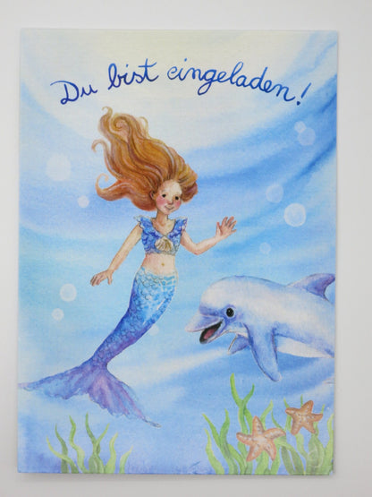 Einladungskarte mit Meerjungfrau und Delfin unter Wasser – Einladungskarte Meerjungfrau GK32