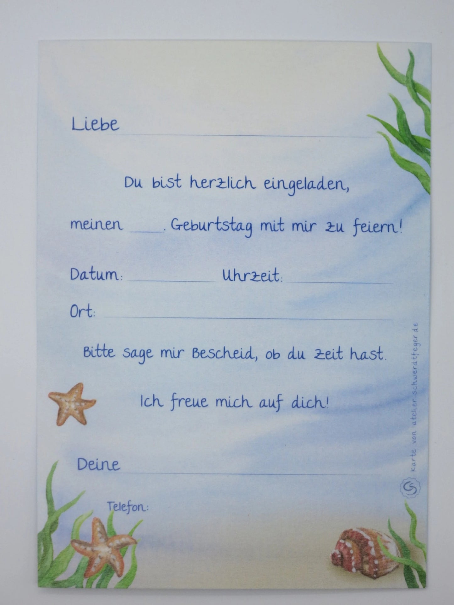 Rückseite der Meerjungfrau-Einladungskarte mit Ausfüllformular für Datum, Uhrzeit und Ort – Einladungskarte GK32