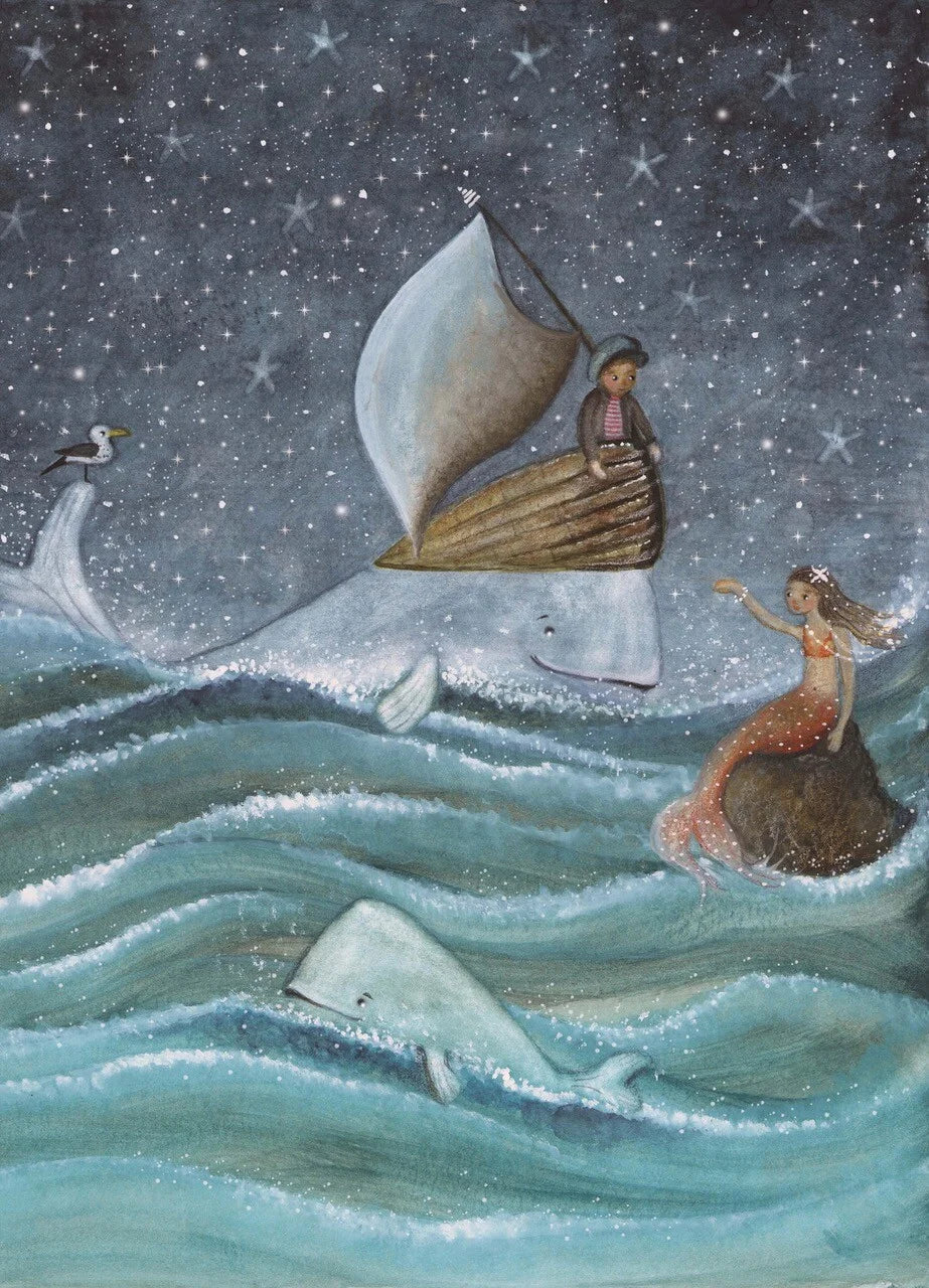 Postkarte Meerjungfrau – Kind im Muschelboot auf Wal trifft Meerjungfrau bei Nacht, Illustration von Bijdehansje