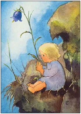 Postkarte Mein Gloeckchen – Kind haelt blaue Glockenblume auf Felsen, Aquarell von Mili Weber