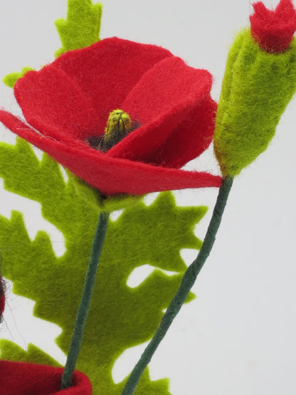 Detailansicht der Mohnblüte aus Wollfilz mit schwarz-gelber Samenkapsel-Mitte neben der grünen Knospe.