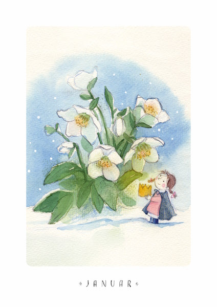 Monatskarte Januar: Bluetenkind neben Christrose im Schnee, von Stefanie Messing