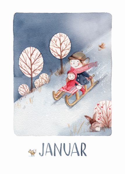 Monatskarte Januar von Stefanie Messing: Kinder beim Schlittenfahren im Schnee