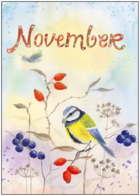 Monatspostkarte November PKHE178: Blaumeise mit Hagebutten und Schlehen, Aquarell von Inga Berkenstraeter