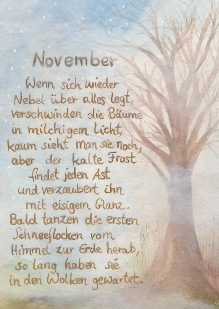 Monatspostkarte November PKHE220: kahler Baum im Nebel mit handgeschriebenem Gedicht ueber Frost und Raureif, Aquarell von Christiane Cousquer