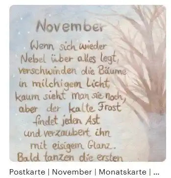 Monatspostkarte November PKHE220: kahler Baum im Nebel mit handgeschriebenem Gedicht ueber Frost und Raureif, Aquarell von Christiane Cousquer