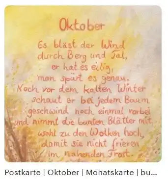 Monatspostkarte Oktober PKHE219: Baeume mit buntem Laub im Wind, handgeschriebenes Gedicht, Aquarell von Christiane Cousquer