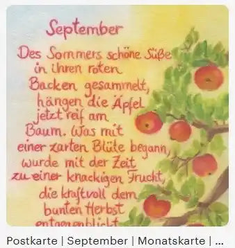 Monatspostkarte September PKHE218: Apfelzweig mit reifen roten Aepfeln, handgeschriebenes Gedicht, Aquarell von Christiane Cousquer