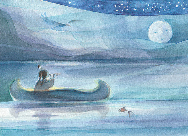 Postkarte Nachtmelodie von Marie Laure Viriot – Kanu mit Floetenspieler bei Vollmond