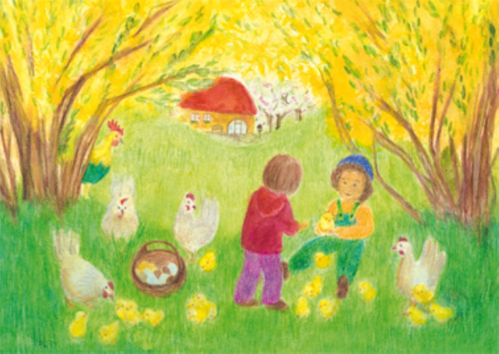 Waldorf-Postkarte 'Neues Leben': Kinder mit Küken zwischen Hühnern und Forsythienblüte