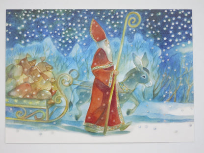 Kunstpostkarte Nikolaus auf dem Weg von Marie Laure Viriot – Nikolaus mit Esel im Winterabend, PKWI15