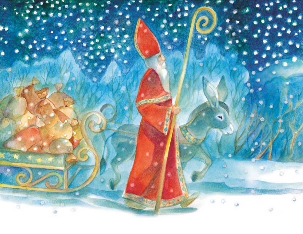 Kunstpostkarte Nikolaus auf dem Weg von Marie Laure Viriot – Nikolaus mit Esel im Winterabend, PKWI15